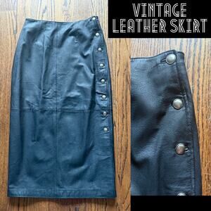 Vintage Long Black Leather Skirt Button StreetWear StreetStyle Punk Goth Metal